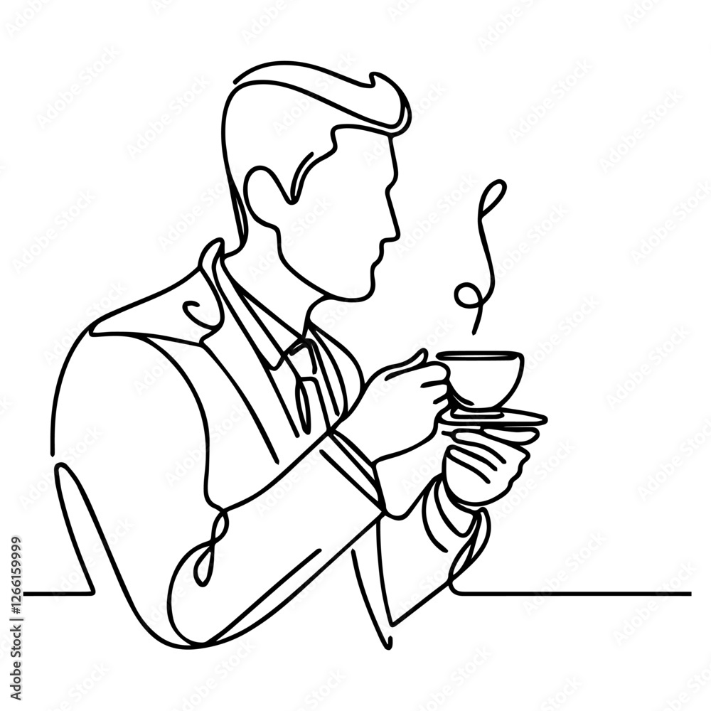 Line drawing of man drinking coffee at table Line drawing of man drinking coffee at table