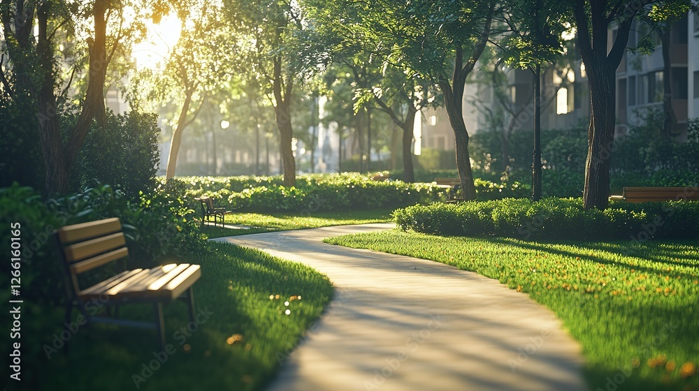 Serene Park Pathway Morning Sunlight Illuminates Benches Trees Serene Park Pathway Morning Sunlight Illuminates Benches Trees