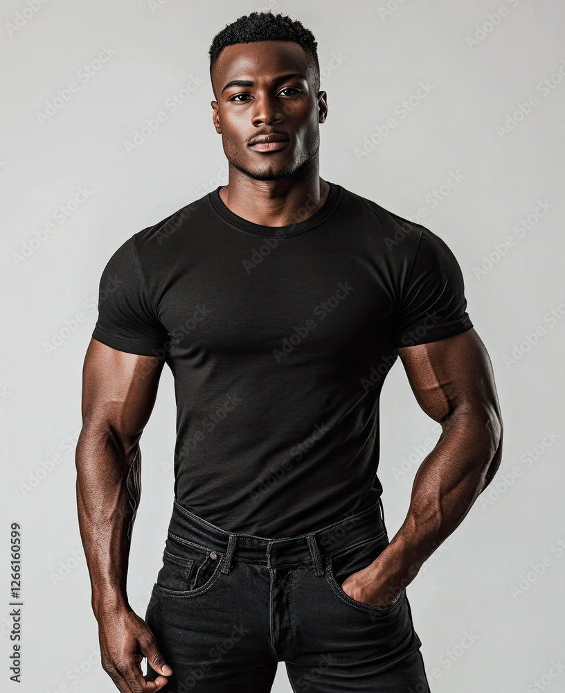 Fototapeta premium Muscular Black Man Posing In Black T Shirt And Jeans