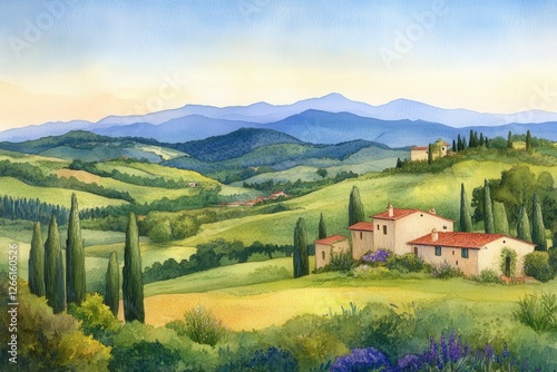 Scenic countryside landscape with rolling hills, villas, and cypress trees in a tranquil setting during golden hour
