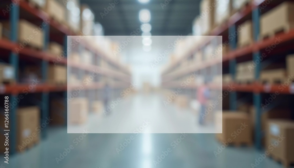 A spacious warehouse filled with neatly arranged boxes on shelves. The bright light from the ceiling creates a translucent effect enhancing the atmosphere of the space. Semi-transparent rectangle. AI. A spacious warehouse filled with neatly arranged boxes on shelves. The bright light from the ceiling creates a translucent effect enhancing the atmosphere of the space. Semi-transparent rectangle. AI.