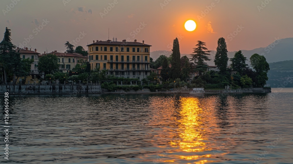 Fototapeta premium Lakeside sunset over Italian villas
