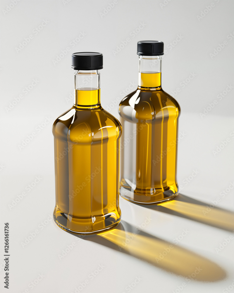 Multiple glass bottles filled with golden liquid casting shadows on a light background Multiple glass bottles filled with golden liquid casting shadows on a light background