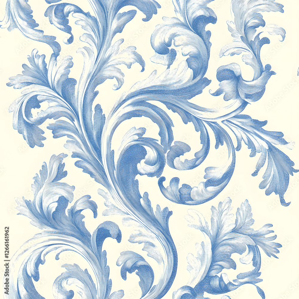 Fototapeta premium Detailed Blue Toile de Jouy Scroll Design Art