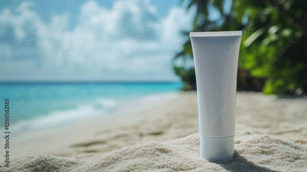 Cosmetics cream tube resting on sand with tranquil beach and vibrant palm trees in the background during sunny daytime. Generative AI Cosmetics cream tube resting on sand with tranquil beach and vibrant palm trees in the background during sunny daytime. Generative AI