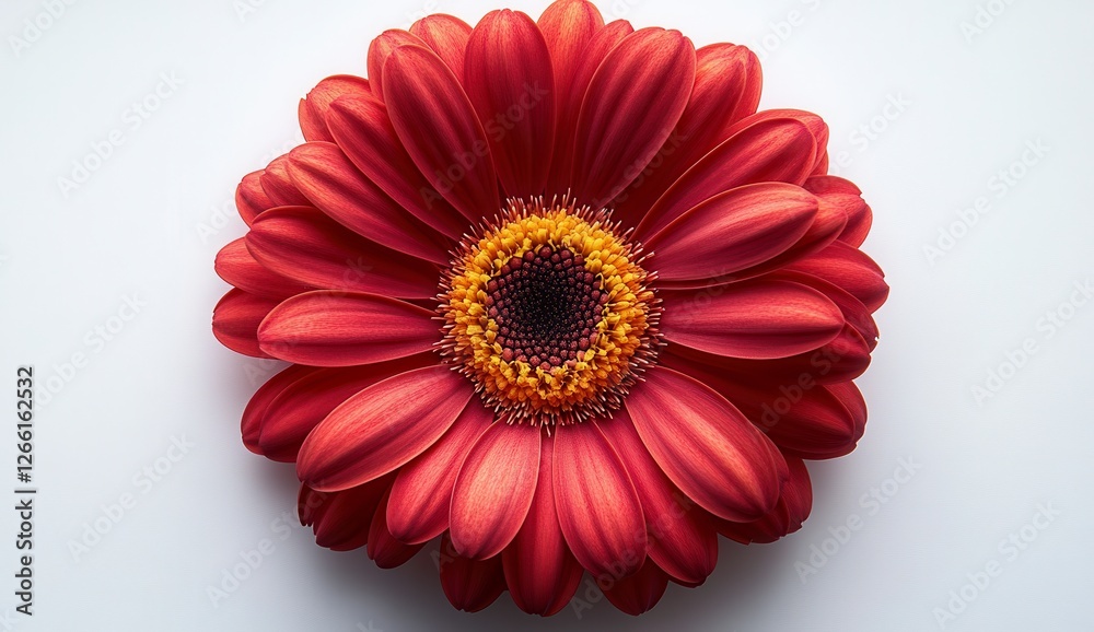 Radiant Red Gerbera Blossom with Golden Center on White Backdrop Close Up Radiant Red Gerbera Blossom with Golden Center on White Backdrop Close Up