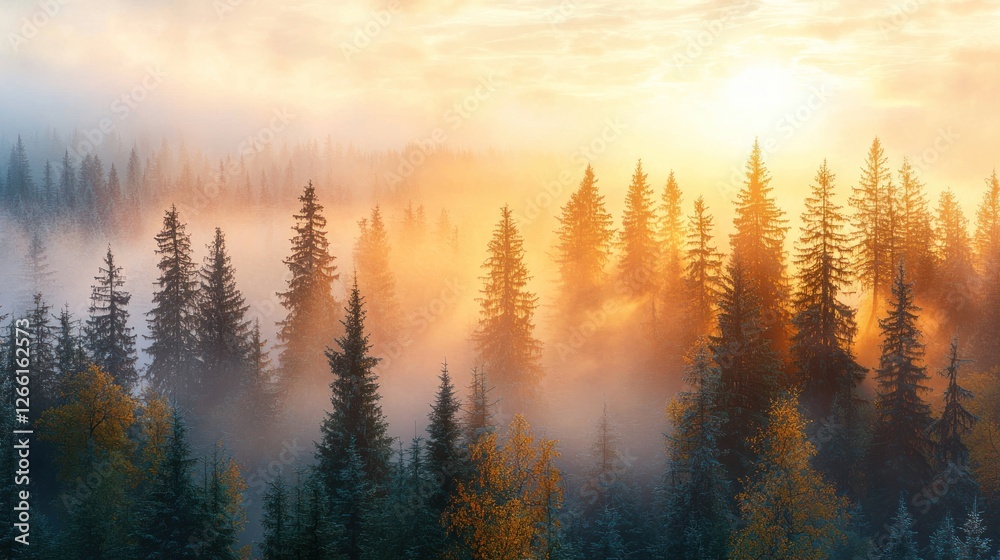 Golden Sunrise Over Foggy Coniferous Forest Golden Sunrise Over Foggy Coniferous Forest