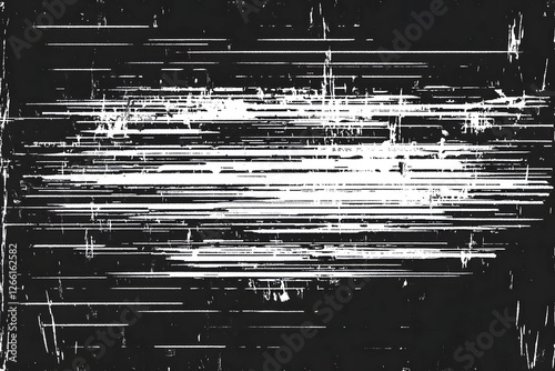 Dark black, white bw grain line noise abstract background. Analog glitch texture. Black, white glitch effect grunge noise border texture. Distressed overlay. Old videotape damage. TV signal error.