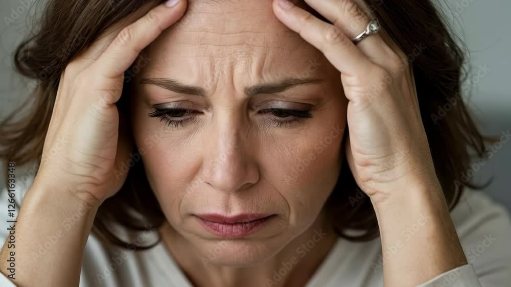 Woman processing intense emotions through stress and relief sequence Woman processing intense emotions through stress and relief sequence