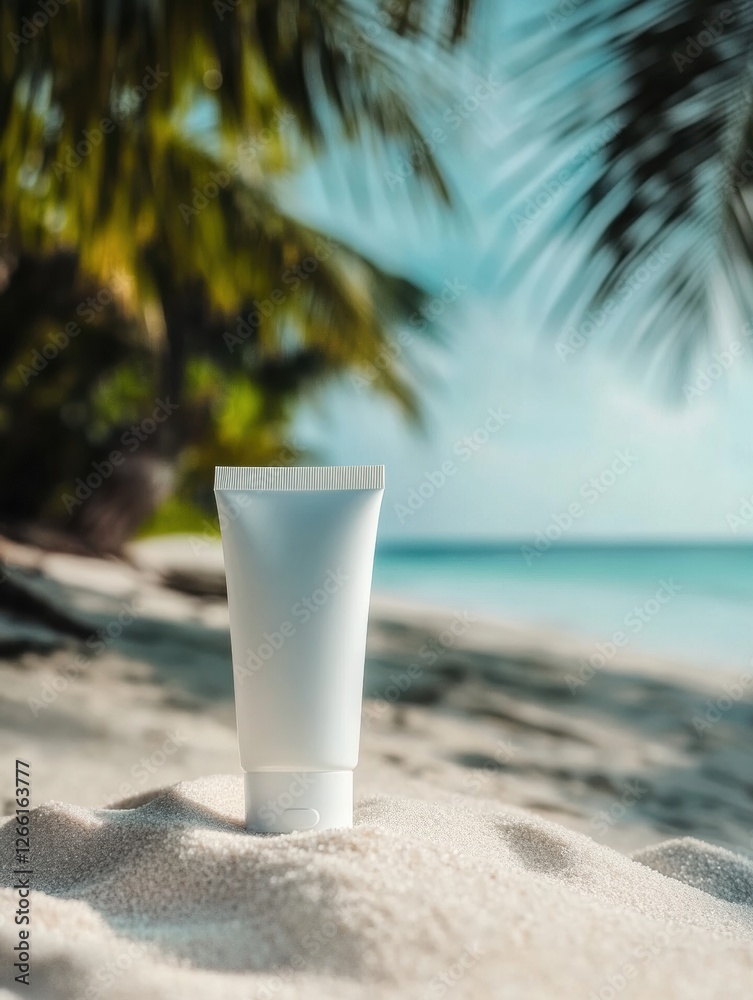 Cosmetics cream tube on sandy beach with palm trees and ocean view in bright daylight. Generative AI Cosmetics cream tube on sandy beach with palm trees and ocean view in bright daylight. Generative AI