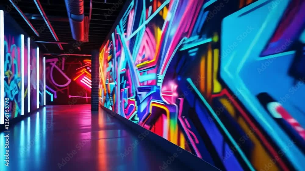 A vibrant hallway featuring neon graffiti art with colorful patterns and dynamic lighting footage