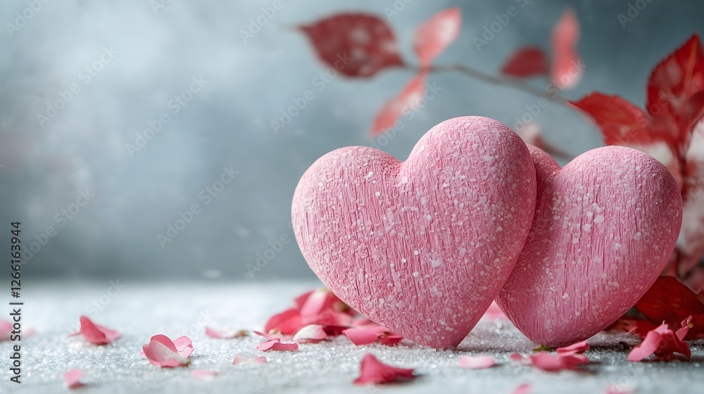 Fototapeta premium Two red romantic hearts with autumn leaves on a frosty background
