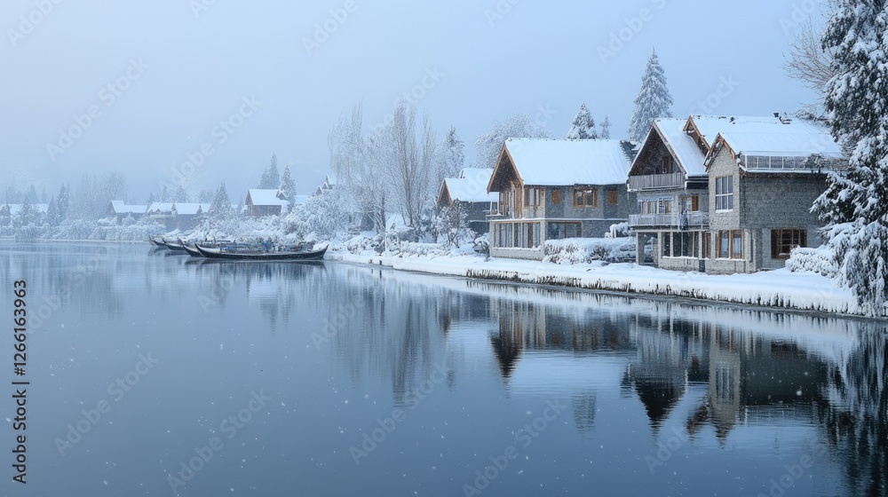 Fototapeta premium A winter wonderland view of Dal Lake, as snow gently falls over the houseboats, shikaras, and the frozen waters of Srinagar, Kashmir.