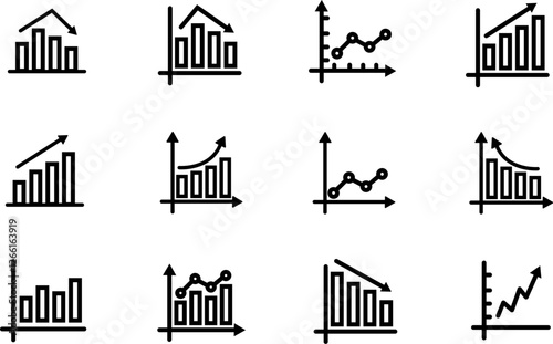 Bar chart icons.Growing chart with arrow.Business graph  icons.Statistic charts diagrams with down or up arrows. Vertical bar chart with different heights.Data analytics vector icons.