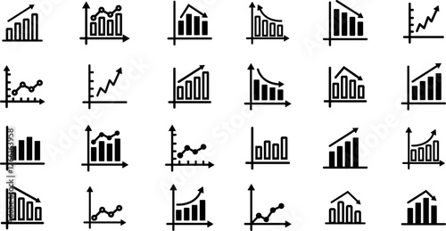 Bar chart icons.Growing chart with arrow.Business graph  icons.Statistic charts diagrams with down or up arrows. Vertical bar chart with different heights.Data analytics vector icons.