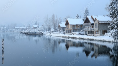 A winter wonderland view of Dal Lake, as snow gently falls over the houseboats, shikaras, and the frozen waters of Srinagar, Kashmir.