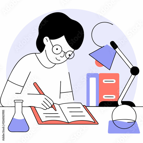 A science student writes and reads in a study environment with a desk lamp, books, and a science flask, ideal for educational, learning, and student concepts in a study space.