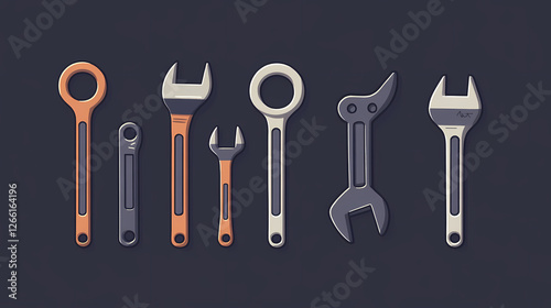 Tools used for mechanical work displayed with a wrench and a spanner in a minimalistic style. Shadowfire Summoners. Illustration