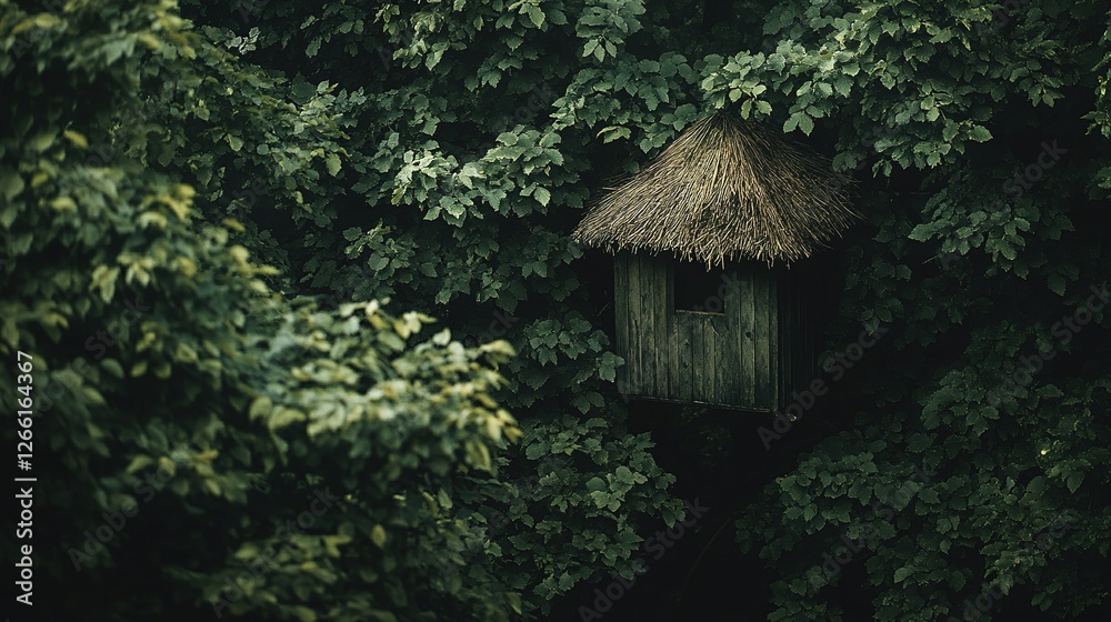 Secluded Wooden Treetop Hut Nestled Among Lush Green Leaves Secluded Wooden Treetop Hut Nestled Among Lush Green Leaves