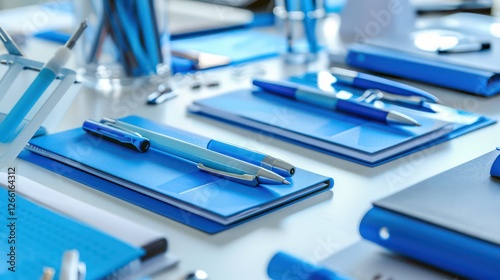 Close-up of free samples of branded office supplies on a corporate desk, with pens and notebooks