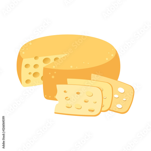 Swiss cheese wheel and slices. Cheese icon. Cheese and pieces of cheese. Illustration