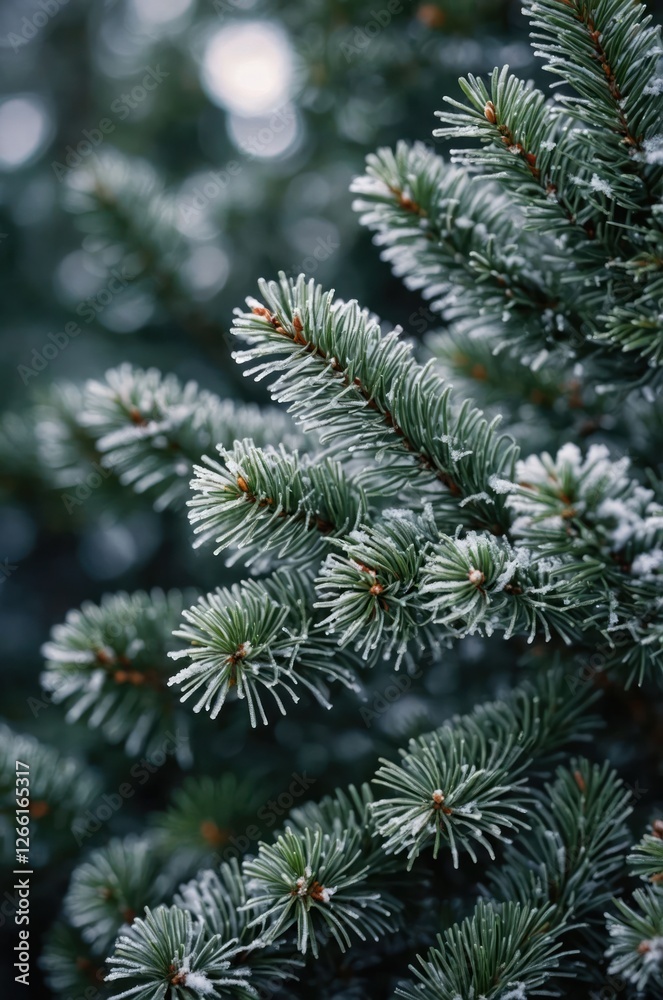 Close-up of frosted evergreen branches, showcasing winter beauty and nature's details. Close-up of frosted evergreen branches, showcasing winter beauty and nature's details.