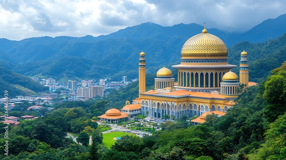 Obraz premium Majestic mosque, mountain view, city backdrop, travel