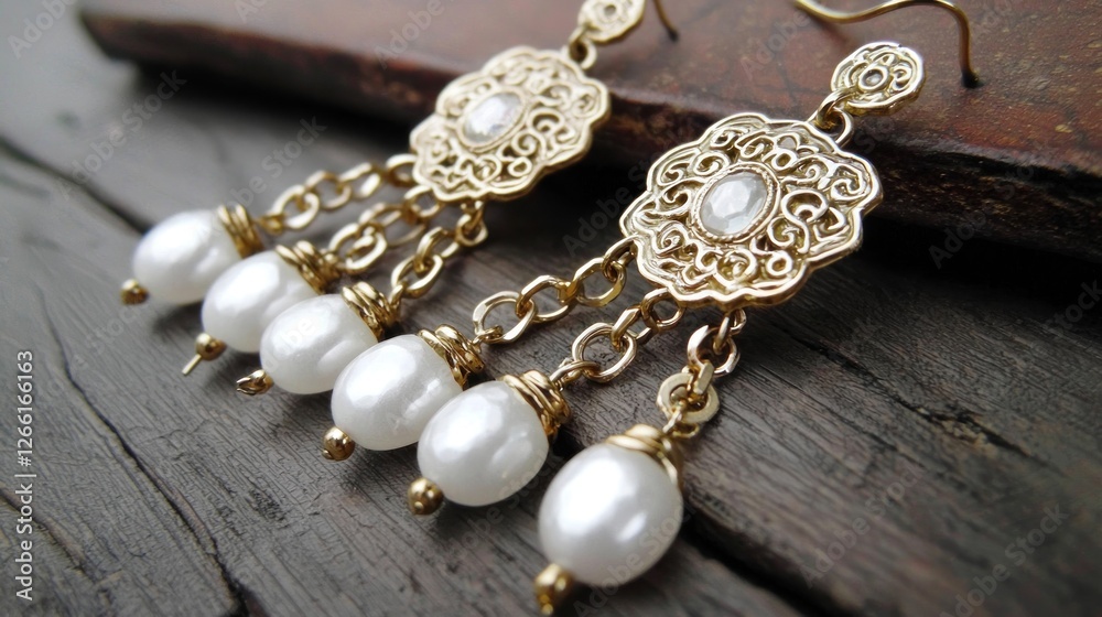 Gold-toned dangle earrings with pearls on rustic wooden surface Gold-toned dangle earrings with pearls on rustic wooden surface