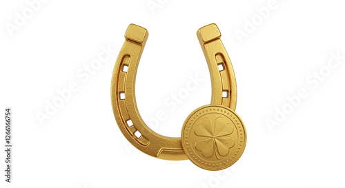 Golden horseshoe and lucky charm coin with four leaf clover on a white background. Golden horseshoe symbol and lucky charm for good luck