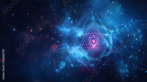 A modern illustration of abstract tuning symbols for lines and triangles, connecting networks on a blue background. Shadowfire Summoners. Illustration photo