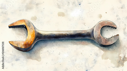 A watercolor depiction of a spanner highlights intricate texture and details, emphasizing the artistic representation of a common tool in a minimalist setting. Shadowfire Summoners. Illustration photo