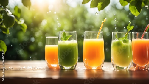 Obraz na płótnie Refreshing fruit juices in glasses on a wooden table outdoors with a bright, sunny background. w salonie