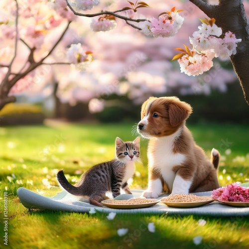 Wallpaper Mural 桜の下でお花見をする犬と猫 Torontodigital.ca