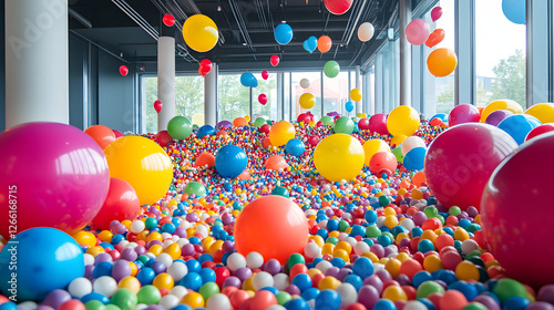 Colorful festive display of balloons indoor space event decoration vibrant atmosphere wide-angle view celebratory concept