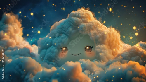 A cloud doodle with big, shiny eyes and a sweet smile, surrounded by a scattering of tiny stars photo