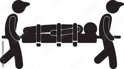 An illustration of two stickmen carrying an accident victim on a stretcher