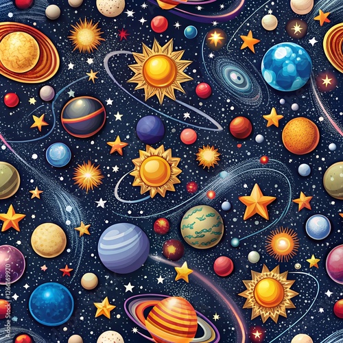 Cartoon space seamless pattern on blue background. Space background. Space illustration. Seamless pattern with cartoon space rockets, planets and stars.