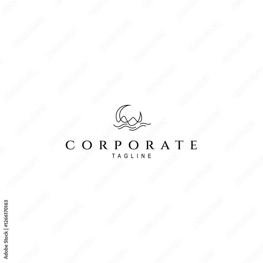 Wave and crescent moon creative line art logo Wave and crescent moon creative line art logo