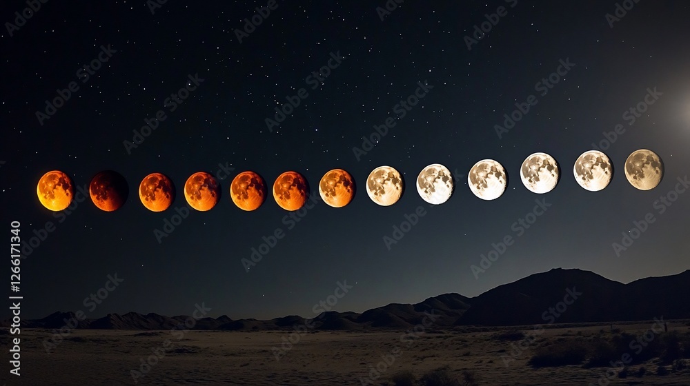 Lunar Eclipse Sequence: A Celestial Phenomenon Over Desert Landscape at Night