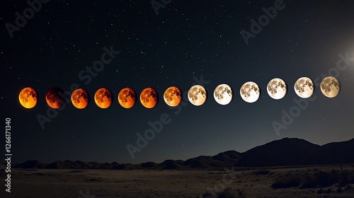 Obraz na płótnie Lunar Eclipse Sequence: A Celestial Phenomenon Over Desert Landscape at Night w salonie