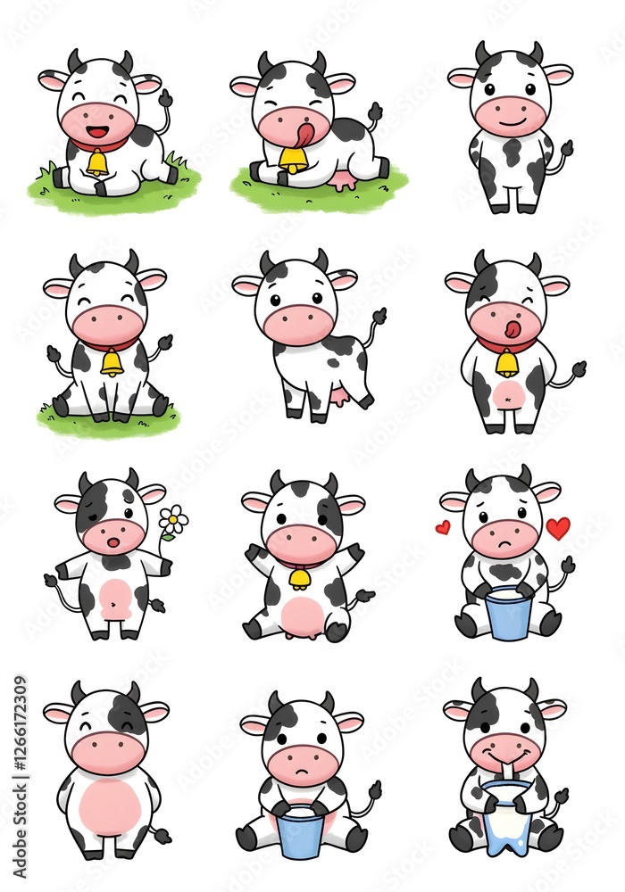 Nine Cute Cartoon Cows in Playful Poses Nine Cute Cartoon Cows in Playful Poses