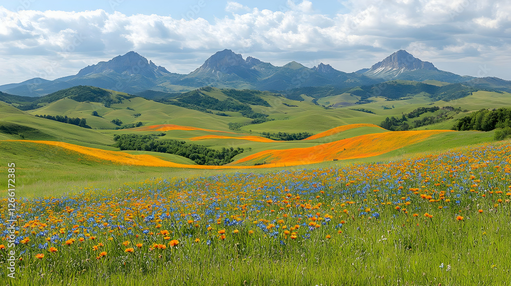 Colorful Wildflower Meadow At The Foothills Of Mountain Range Colorful Wildflower Meadow At The Foothills Of Mountain Range