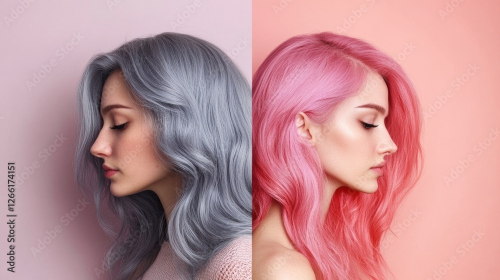 Gray hair transforms into vibrant pink with a stunning side by side comparison in a creative display. Generative AI Gray hair transforms into vibrant pink with a stunning side by side comparison in a creative display. Generative AI