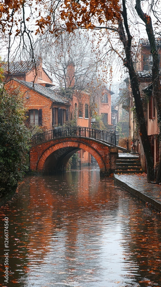 Naklejka premium Autumnal Canal Scene Brick Bridge Old Town Houses