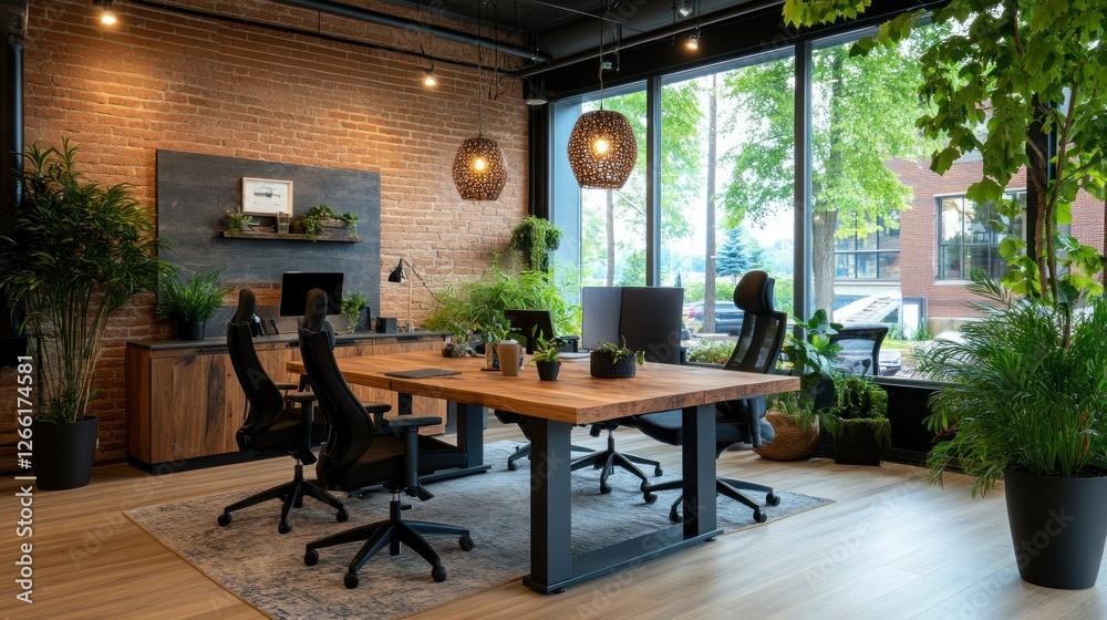 Fototapeta premium Modern office workspace with plants, city view