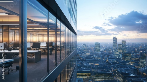 A modern office building with city views at dusk, showcasing a sleek workspace design.