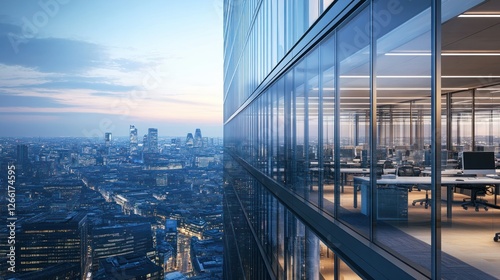 A modern office building with glass facades overlooking a city skyline at dusk.