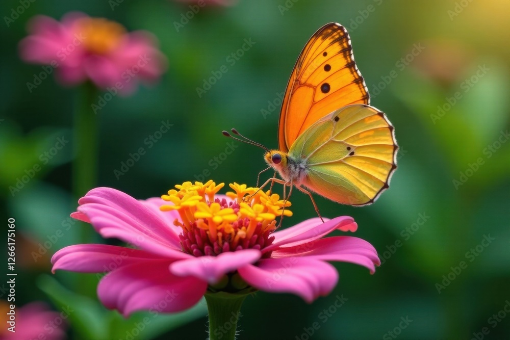 Obraz premium Delicate butterfly perched on a vibrant flower with petals and sepals, nature photography, butterflies