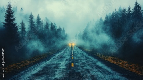 Misty forest road at night with car headlights