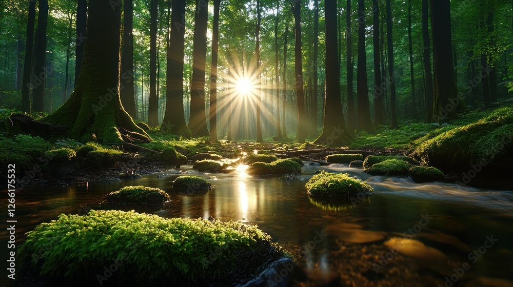 Fototapeta premium Sunlight streams through mossy forest over a tranquil stream